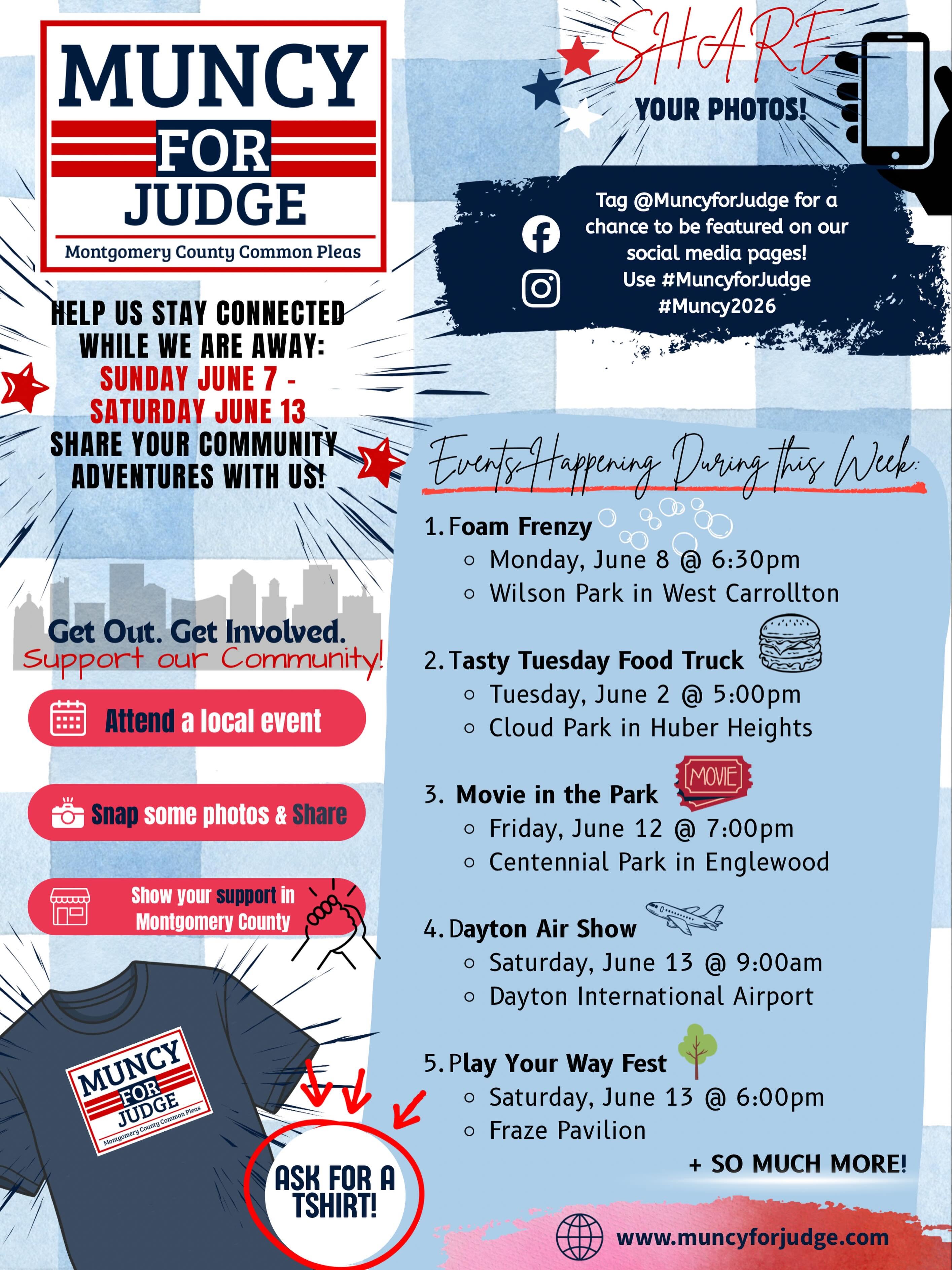 Muncy for Judge community event flyer asking supporters to share photos from June 7 through June 13. Events include Foam Frenzy, Tasty Tuesday Food Truck, Movie in the Park, Dayton Air Show, and Play Your Way Fest.